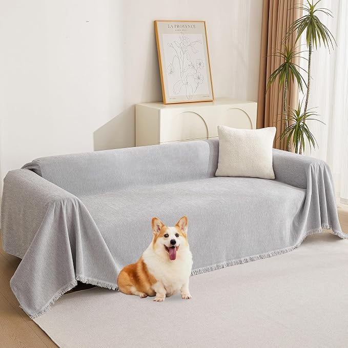 MYSKY HOME Chenille Sofa Cover for Dogs Cats Light Gery Couch Cover with Tassel Edge Farmhouse Furniture Protectors for Pets Thick Durable Sectional Couch Covers for 2 Cushion Couch, 71"x 102"