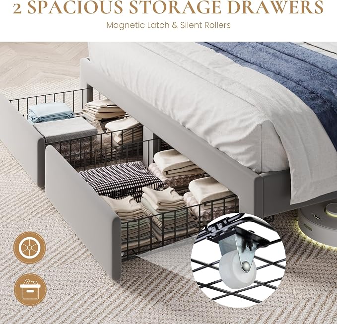 SHA CERLIN Full Velvet Platform Bed Frame with 2 Storage Drawers, LED Storage Headboard with Charging Station, Upholstered Wingback Headboard, Noise-Free, No Box Spring Needed, Easy Assembly, Grey