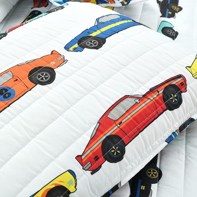 Lush Decor Race Car Kids' 2-Piece Quilt Bed Set, Reversible Bedding Set for Boys, White, Twin