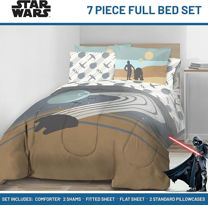 Star Wars Full Comforter Set 7 Piece Soft Bedding for Boys, Multi | Bed in a Bag, Comforter Sheets Shams Pillowcases, Official Product, Soft Microfiber, Machine Washable, Boys Gift