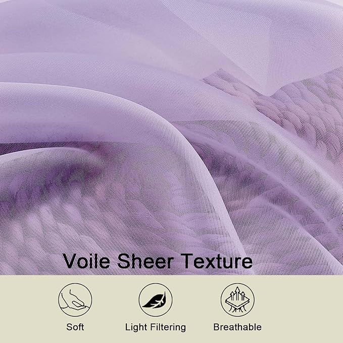 Lavender Sheer Curtains for Bedroom Living Room 96 Inches Long 2 Panels - Image 3
