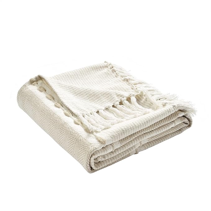 Lush Decor Herringbone Stripe Woven Tassel Yarn Dyed Cotton Throw Blanket 50" W x 60" L Neutral & White - Striped Throw Blankets - Beige Couch Blanket