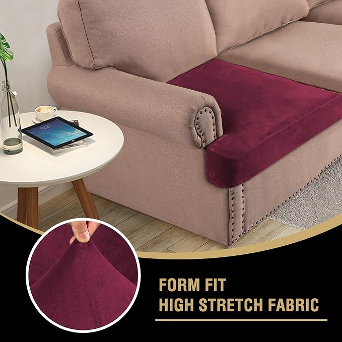 H.VERSAILTEX Stretch Velvet 3 Piece T Cushion Sofa Slipcovers Individually Sofa Cushion Covers for 3 Cushion Couch Seat Cushion Covers for Sofa Seat Cushion Covers Stay in Place(Sofa, Burgundy)
