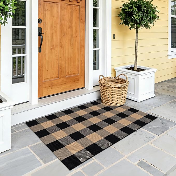 Buffalo Plaid Rug 2.3x3.6 Brown and Black Checkered Rug Grid Indoor Outdoor Doormat Porch Layering Carpet Cotton Woven Washable Area Mat for Patio Entryway Farmhouse Decor