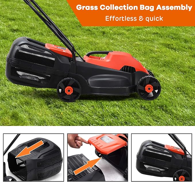 Happygrill Lawn Mower 13-Inch Electric Lawn Mower, Handle Push Corded Lawn Mowers with Grass Bag, Folding Handle, Adjustable Cutting Height for Garden Yard, 12 Amp,Red