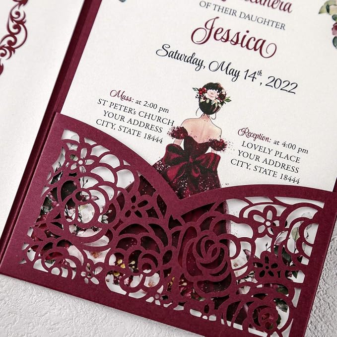 Burgundy 4.7x7 inch 50PCS Blank Quinceanera Invitations Kit