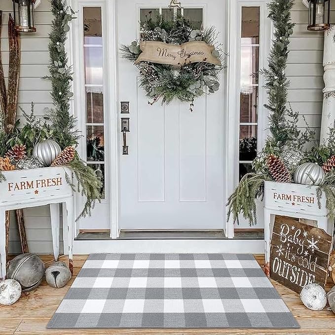Gray and White Buffalo Plaid Rug 2'4'' x 3'7'', Washable Farmhouse Non-Slip Checkered Doormat, Indoor Outdoor Floor Mat for Living Room, Bedroom, Entryway, Kitchen, Laundry Room, Patio, Porch