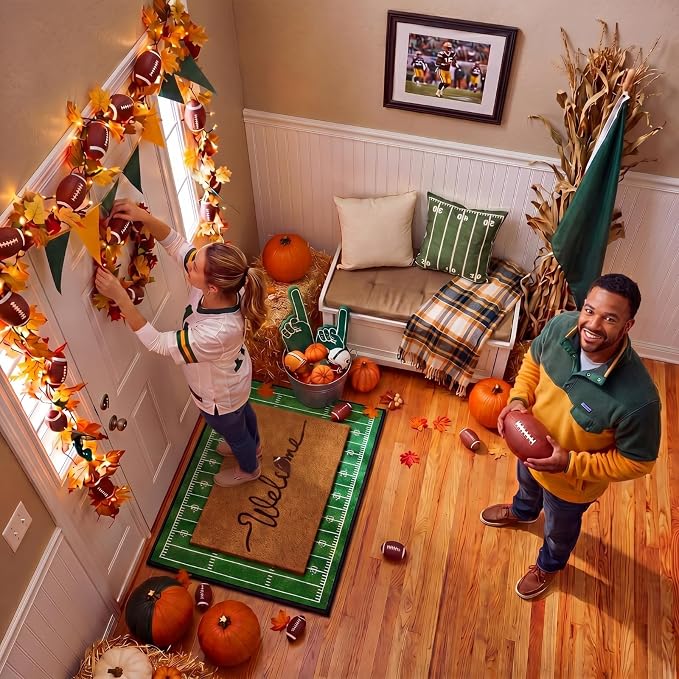 Moucuny 2 Pcs Football Doormat Outdoor, Welcome Coir Football Mat 16 x 28, Layered Green Decor Field Rugs 24 x 35, Non-Slip Sports Front Door Porch Entryway Decor for Man Cave, Game Day, Home Gym