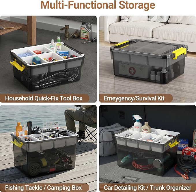 40Qt Large Stackable Storage Bin with Lid & Tray, Clear Plastic Latching Box Organizer with Divider Portable Container for Arts & Crafts, Home & Car Trunk Organization,Clear Grey,1Pack