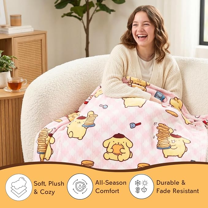 Sanrio Pompompurin Pancake Lover Bedding Plush Blanket 90 in x 62 in – Soft Cozy Throw for Couch, Bed & Travel, Collectible Gift (Officially Licensed Product) by Franco Collectibles