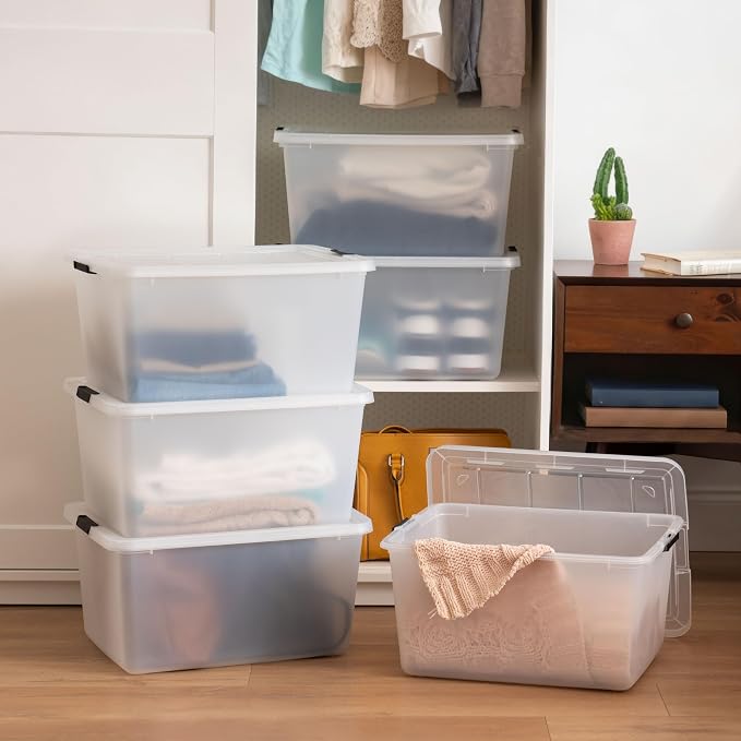 IRIS USA 6-Pack 32 Quart Clip Box with Latching Lid | Latching lid secures office and household supplies. Stackable, nestable design maximizes storage space