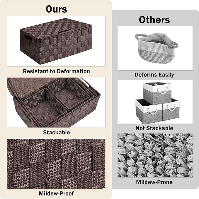 Storage Baskets with Lids: 5 Pack Stackable Woven Storage Bins, Brown | Decorative Woven Baskets for Organizing with Built-In Handles for Shelves, Closets, Cabinets and Cubbies, Gift Small Basket