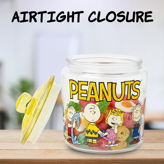 Silver Buffalo Peanuts Squad Featuring Snoopy, Glass Jar with Lid | Cookie Snack Candy Jar, Featuring Charlie Brown, Schroeder, Lucy, Linus, Sally, Pigpen, Woodstock, and Franklin, Small Size