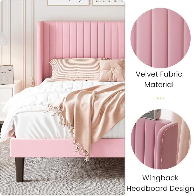 SHA CERLIN Queen Size Velvet Bed Frame, Tufted Wingback Headboard, Pink | 47'' Modern Vertical Channel Headboard, Upholstered Platform Bed, Wood Slats, No Box Spring Needed, Easy Assembly, Noise Free