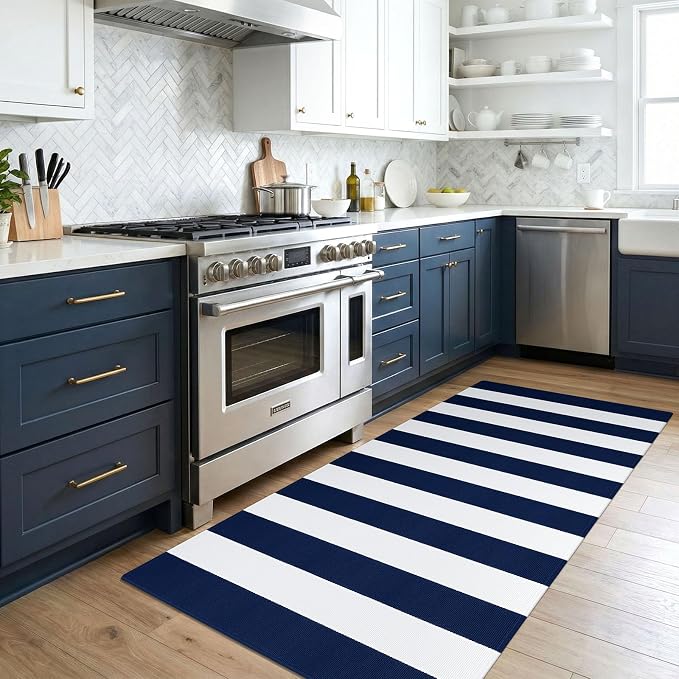 KOZYFLY Striped Rug 3x5 Front Door Rugs Blue White Cotton Woven Washable Indoor Outdoor Rug Entrance Doormat for Front Porch Kitchen Patio Decor Outdoor Mat