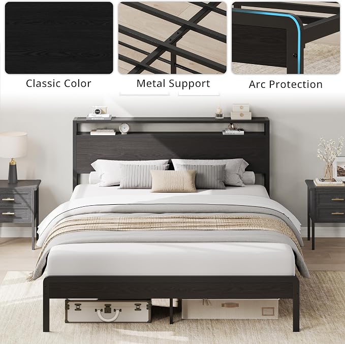 LIKIMIO Queen Bed Frame with 2-Tier Storage Shelf Headboard | Dark Wood Platform Bed, Camas Queen with Strong Metal Supports, Sturdy, Noise-Free, No Box Spring Needed, Classic Black