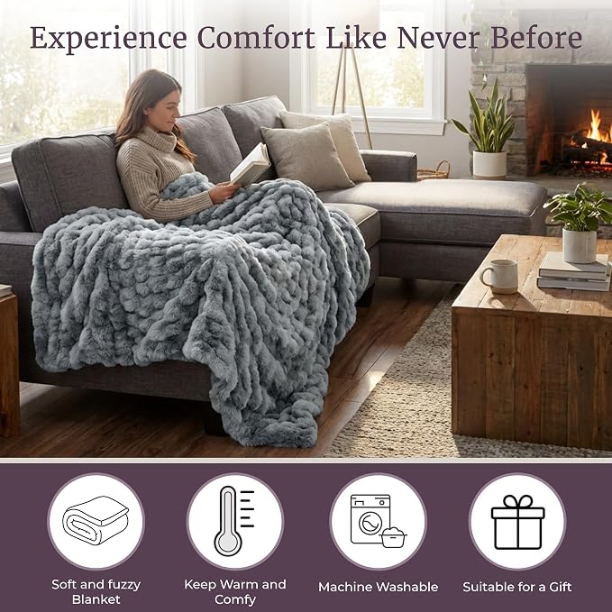 Lavish Home Oversized Ruched Faux Fur Blanket - 60x80-Inch Plush Polyester Faux Fur Queen-Size Throw for Sofas and Beds - Luxurious Bedding (Silver)