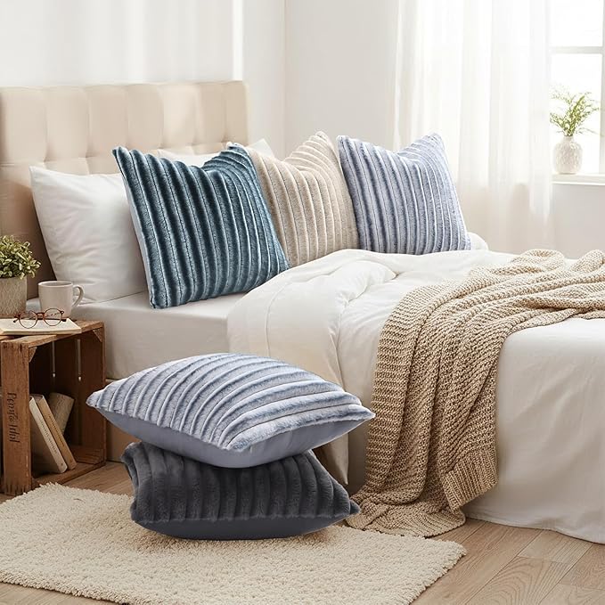 decorUhome Cozy Faux Fur Throw Pillow Covers 26x26 Set of 2 Decorative Soft Plush Striped Modern Farmhouse Boho Couch Euro Sham Pillow Cases with Velvet Back for Sofa Bed Living Room, Blue Grey
