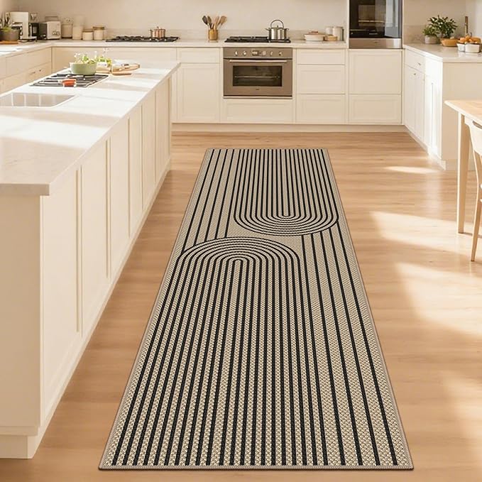 Faux Jute Hallway Runner Rug, 2' x 8' Kitchen Runner, Black Farmhouse Ultra-Thin Washable Non-Slip Carpet Runner for Laundry, Bedroom, Backyard, Outdoor, Home Decor