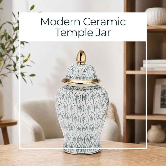 18" Temple Jar with Lid - Ceramic White, Green and Gold Palm Tree Decorative Stoneware for Home, Office, Gift Idea