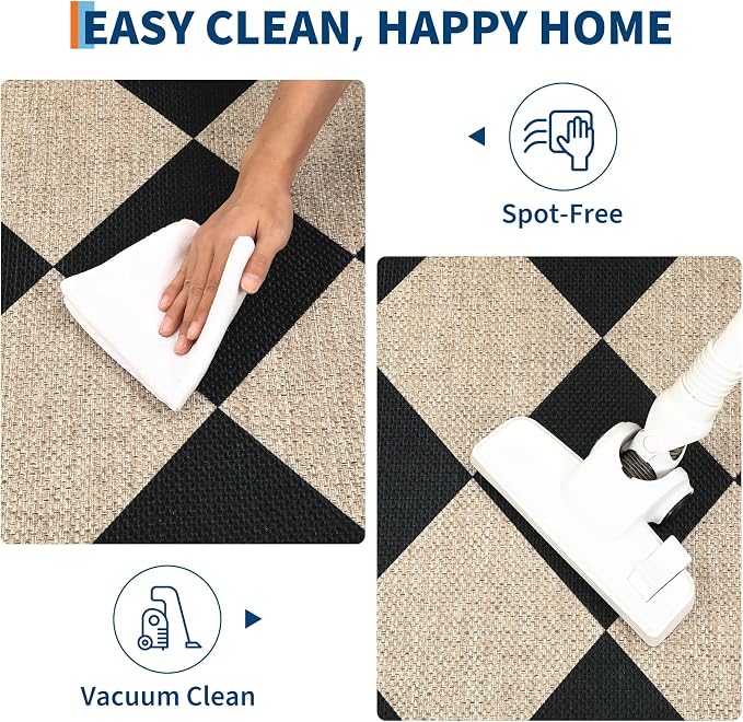 Garvee Easy Jute Rugs for Entryway 6x9 Modern Geometric Washable Rug for Living Room, Non Slip Non Shedding Diamond Outdoor Area Rug Stain Resistant Mats for Bedroom, Dining Room, Patio, Black/White