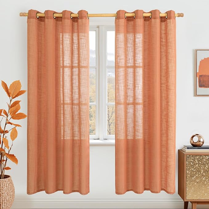 LAMIT Burnt Orange Sheer Linen Curtains 80 inch Length, Light Filtering Linen by LAMIT