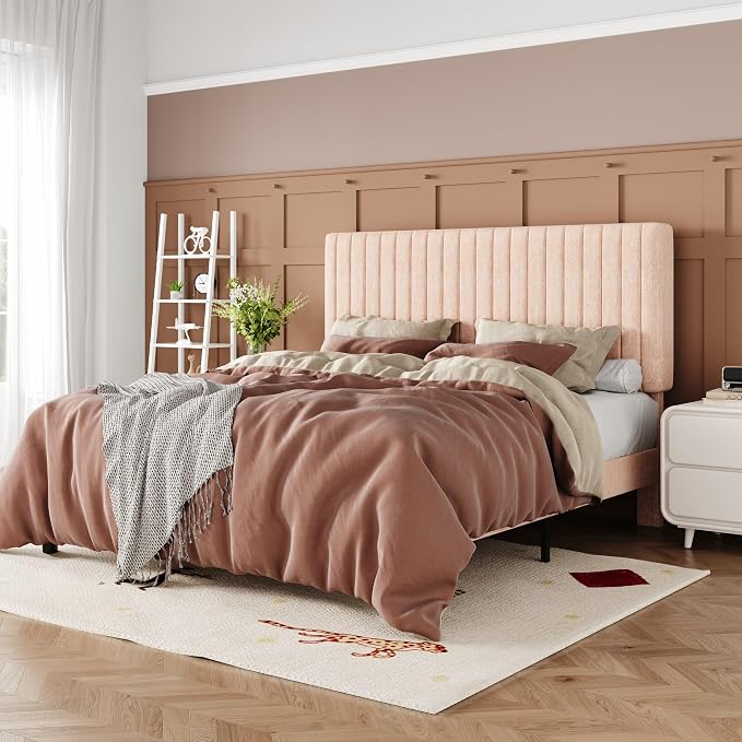 Allewie Queen Bed Frame, Upholstered Platform Bed with Adjustable Vertical Channel Tufted Headboard, Mattress Foundation with Strong Wooden Slats, Box Spring Optional, Easy Assembly, Chenille Pink