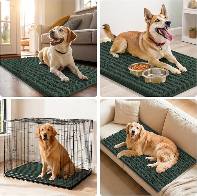 Smiry Dog Door Mat for Muddy Paws 40x32, Absorbent Dirt Trapper, Non-Slip Washable Chenille Entryway Rug for Inside Floor, Green, Layered Pattern