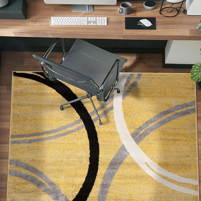 Rugshop Wavy Circles Non-Shedding Living Room Area Rug Yellow 3'3" x 5' | Rectangular, Size 3'3" x 5', Bedroom, Dining Room, Home Office, Kitchen, Entryway, Hallway, Nursery, Kids Room, Guest Room