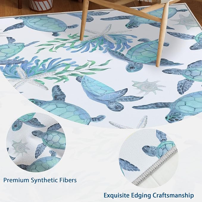 Tritard Coastal Sea Turtles Area Rugs Beach Themed Nautical Starfish Coral Accent Rugs Non-Slip Sea Marine Life Rugs Floor Carpet for Living Room Bedroom, Blue, 3x5 Feet