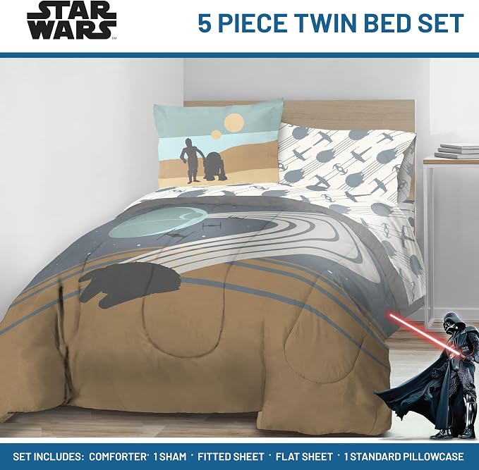 Star Wars Twin Comforter Set 5 Piece Soft Bedding for Boys, Multi | Bed in a Bag, Comforter Sheets Sham Pillowcase, Official Product, Soft Microfiber, Machine Washable, Easy Care, Boys Gift