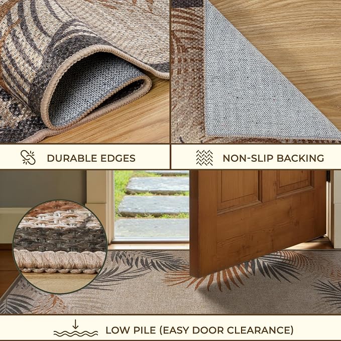 LIVEBOX Modern 3x5 Jute Outdoor Patio Rug, Washable Rugs for Entryway Porch, Tropical Leaf Boho Farmhouse Carpet, Non Slip Front Door Mat for Outdoor Indoor Entryway Decor (Beige 3'x5')