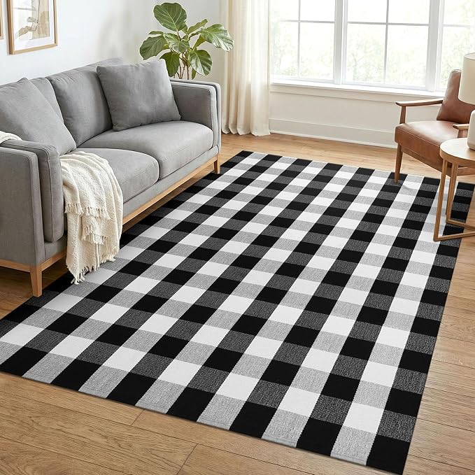 KOZYFLY Buffalo Plaid Area Rug 5x7 Living Room Rug Washable Cotton Black and White Checkered Rugs Outdoor Carpet for Dining Room Bedroom Farmhouse Patio Rugs