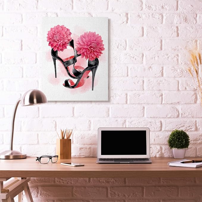 Stupell Industries Pink High Heel Glam Fashion Flower Painting Canvas Wall Art, 30 x 40, Multi-Color