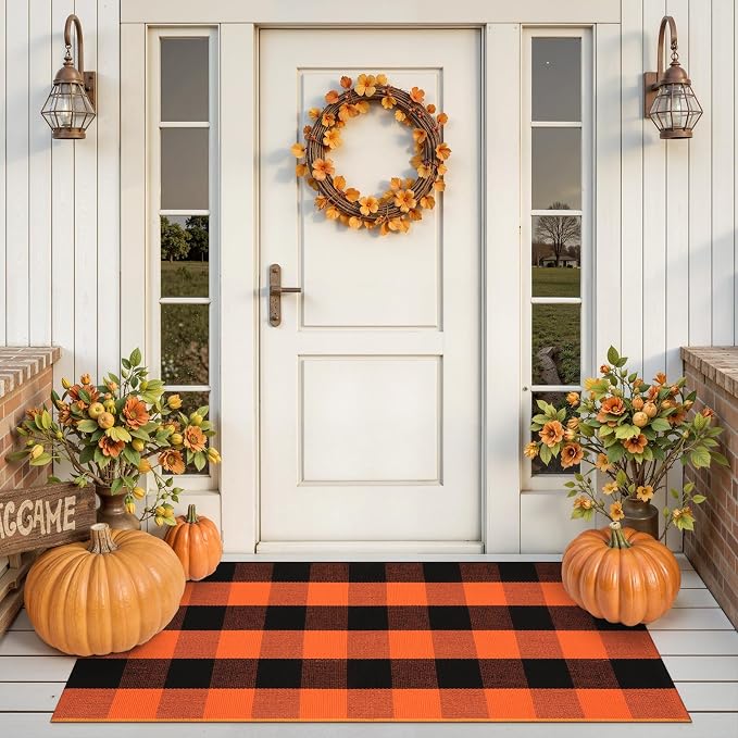 Collive Buffalo Plaid Checkered Outdoor Rug, Black and Orange Halloween Fall Decor Door Mat, 2x4.3 Front Porch Rug, Washable Cotton Welcome Mat Layered Doormat Outside Entrance for Kitchen Entryway