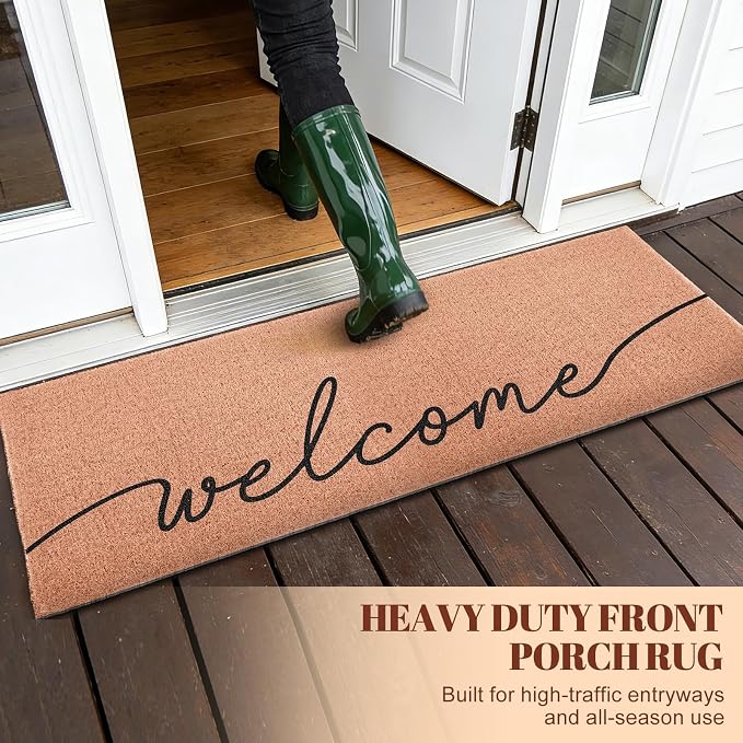 Welcome Extra Long Doormat for Double Door Entrance, 24x59 Inch | Oversized Modern Minimalist Welcome Mat, Large Heavy Duty Front Porch Rug, Non Slip PVC Backing, for Indoor Outdoor Entryway
