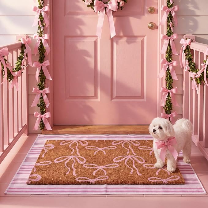 Moucuny 2 Pcs Pink Bow Coir Doormat Outdoor 16 x 28 Inches Coquette Welcome Door Mat 24 x 35 Inche Pink and White Striped Rug Non Slip Bow Coquette Coir Mats for Front Door Porch Entryway Decor