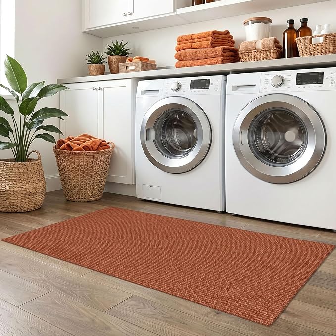 IOHOUZE Washable Runner Rug 2x5 Non Slip Runners for Hallways Entryway Runner Indoor, Kitchen Throw Rug Woven Cotton Floor Carpet for Hall Entrance Bedroom, Burnt Orange/Tan