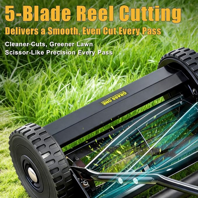 14-Inch Reel Lawn Mower, 5-Blade Manual Push Grass Cutter | 5 Cutting Heights, Durable 65Mn Steel Blades, Quiet Eco-Friendly Operation, Suitable For Small Yard