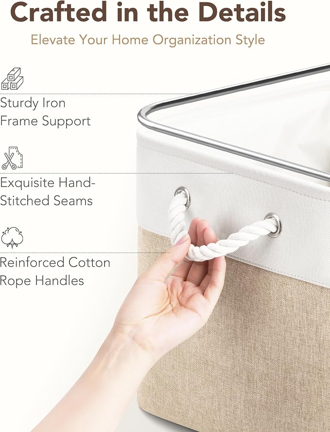 13x15x13 Inch Large Storage Bins with Cotton Rope Handles 6-Pack | Foldable, Top support of metal frame, Bottom with Cardboard Support, Fabric Cube Storage Bins for Closet, White Khaki