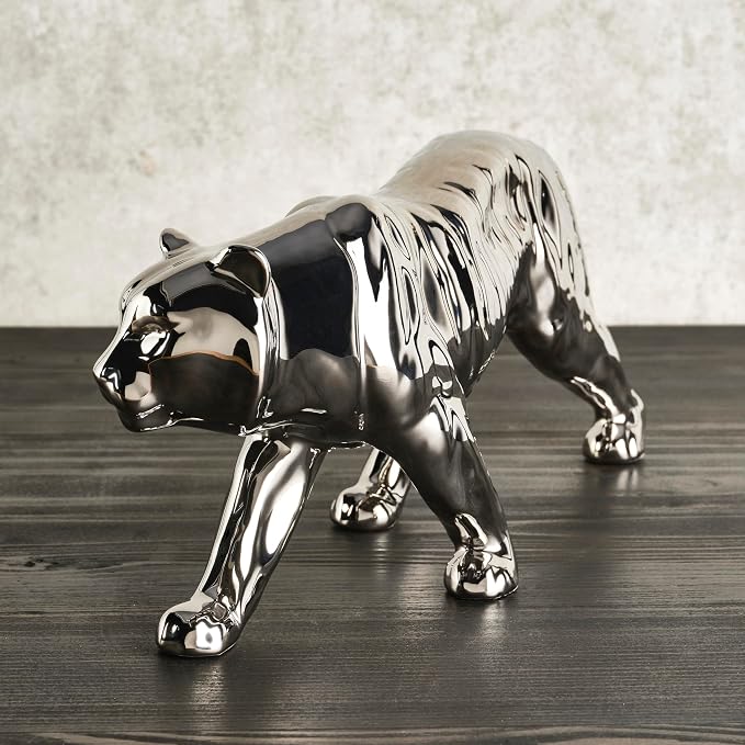 Elements Silver Tiger Ceramic Statue, 16.53 x 4.92 x 6.89 Inch Elegant Crouching Tiger Figurine, Modern Silver Finish Animal Sculpture for Living Room and Office Decor, Large Tabletop Accent