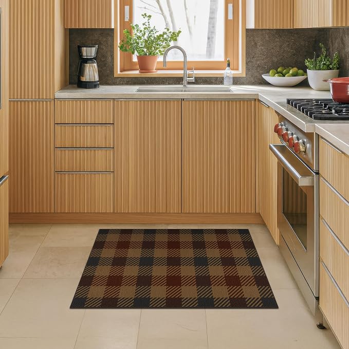 2x3 Entryway Door Mat Indoor – Washable Non Slip Small Rug for Front Door, Kitchen Sink, Mudroom, Garage Entry, Low Profile Easy Clean Farmhouse Plaid Floor Mat