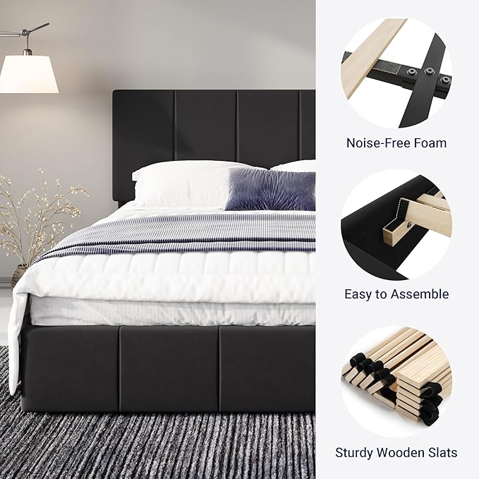 Allewie Full Size Dutch Velvet Upholstered Platform Bed Frame/Vertical Channel Tufted Adjustable Headboard/Low Profile Bed Frame/No Box Spring Needed/Easy Assembly/Black