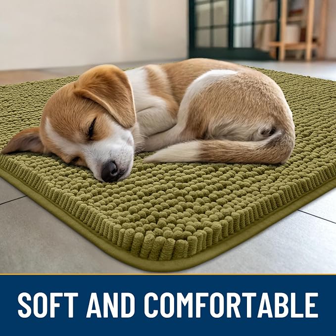 Smiry Dog Door Mat for Muddy Paws 30x17, Absorbent Dirt Trapper, Non-Slip Washable Chenille Entryway Rug for Inside Floor, Willow Green, Classic Solid