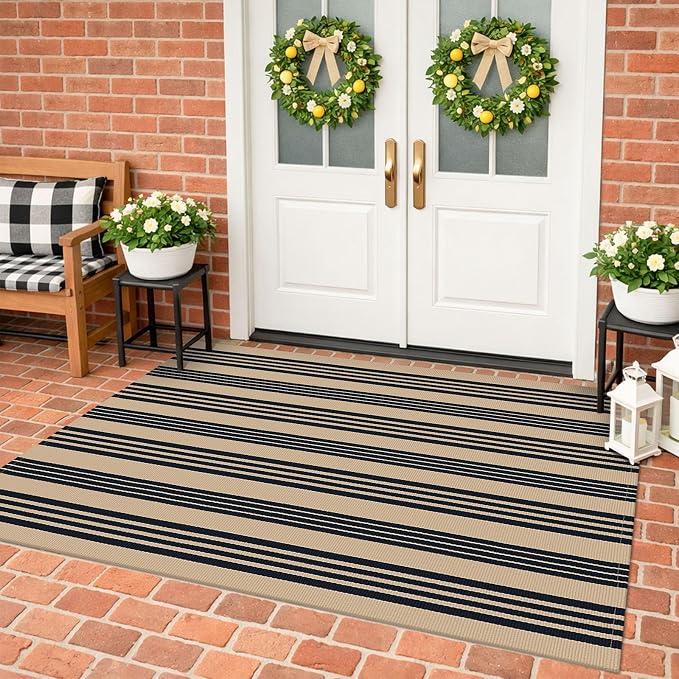 KILOCOCO Striped Rug 4x6 ft Washable Front Door Outdoor Rug, Brown Black | Cotton Front Porch Rug, Woven Living Room Rug, Low Pile Welcome Mat for Entryway, Layered Farmhouse Kitchen Patio Carpet