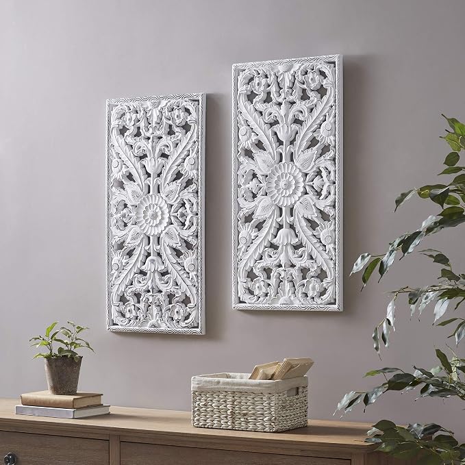 Madison Park Wall Art Living Room Décor - Vintage Botanical Carved Wooden Panel Home Accent Bathroom Decoration Ready to Hang Frames for Bedroom, 15.75"W x 31.5"L x 0.59"D, White 2 Piece