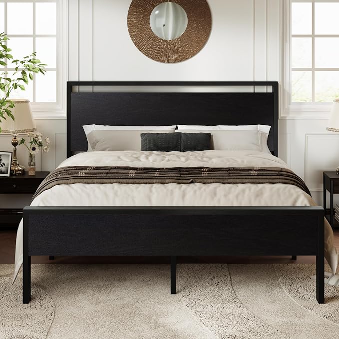 Allewie Queen Size Bed Frame, Heavy Duty 12 Metal Slats Support, Black Oak | Wooden Headboard and Footboard, Modern Platform Bed, No Box Spring Needed, Under-Bed Storage, Noise Free, Easy Assembly