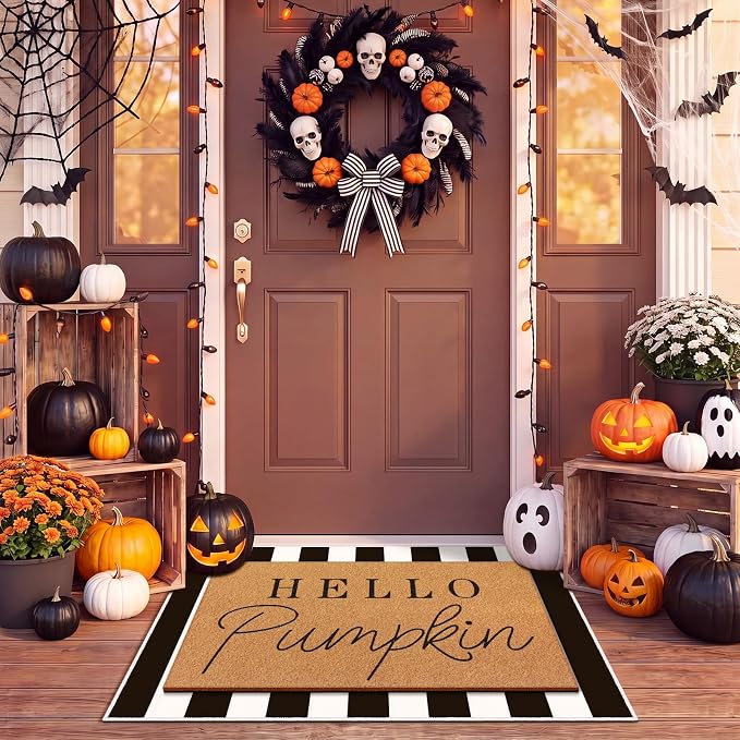 Tinideya 2 Pcs Fall Pumpkin Layering Door Mat, Hello Pumpkin Welcome Coir Mats with Black and White Non Slip Rug for Autumn Front Porch Entryway Decor
