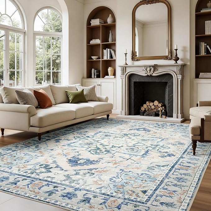 Joydeco 6x9 Area Rugs for Living Room Vintage, Blue&Grey | Non Slip Machine Washable Low Pile for Bedroom Dining Room Home Office Pet & Child Friendly