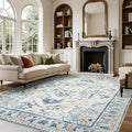 Joydeco 4x6 Area Rugs for Living Room, Non Slip Machine Washable Vintage Rug, Low Pile Chenille Print Rugs for Bedroom, Dining Room, Home Office, Pet & Child Friendly, Blue&Grey